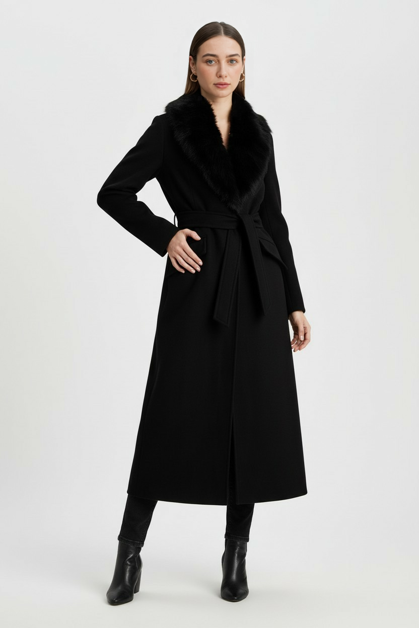 Women's Long Wool Blend Winter Coat Faux Fur Collar Stylish Warm Layering