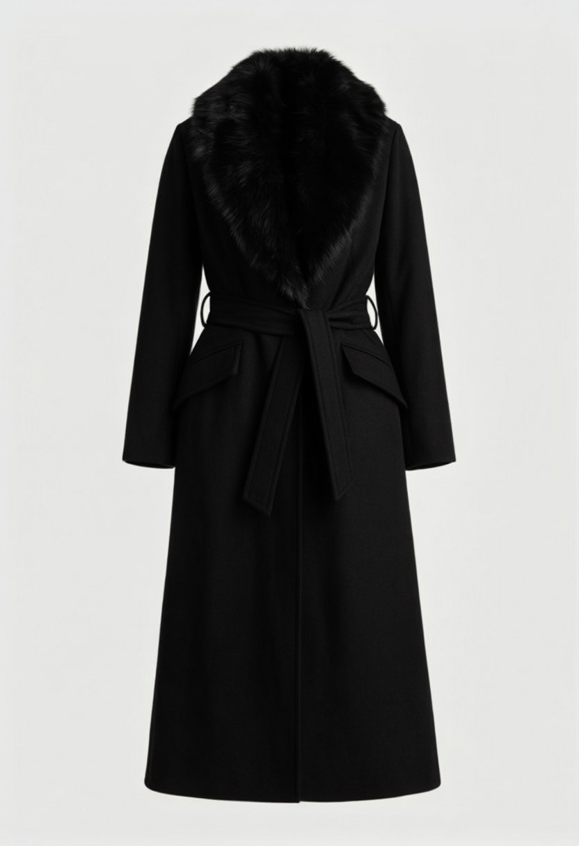 Women's Long Wool Blend Winter Coat Faux Fur Collar Stylish Warm Layering