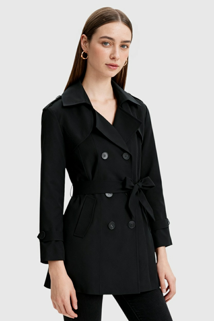 Women's Black Mid-Length Water-Resistant Double-Breasted Trench Coat