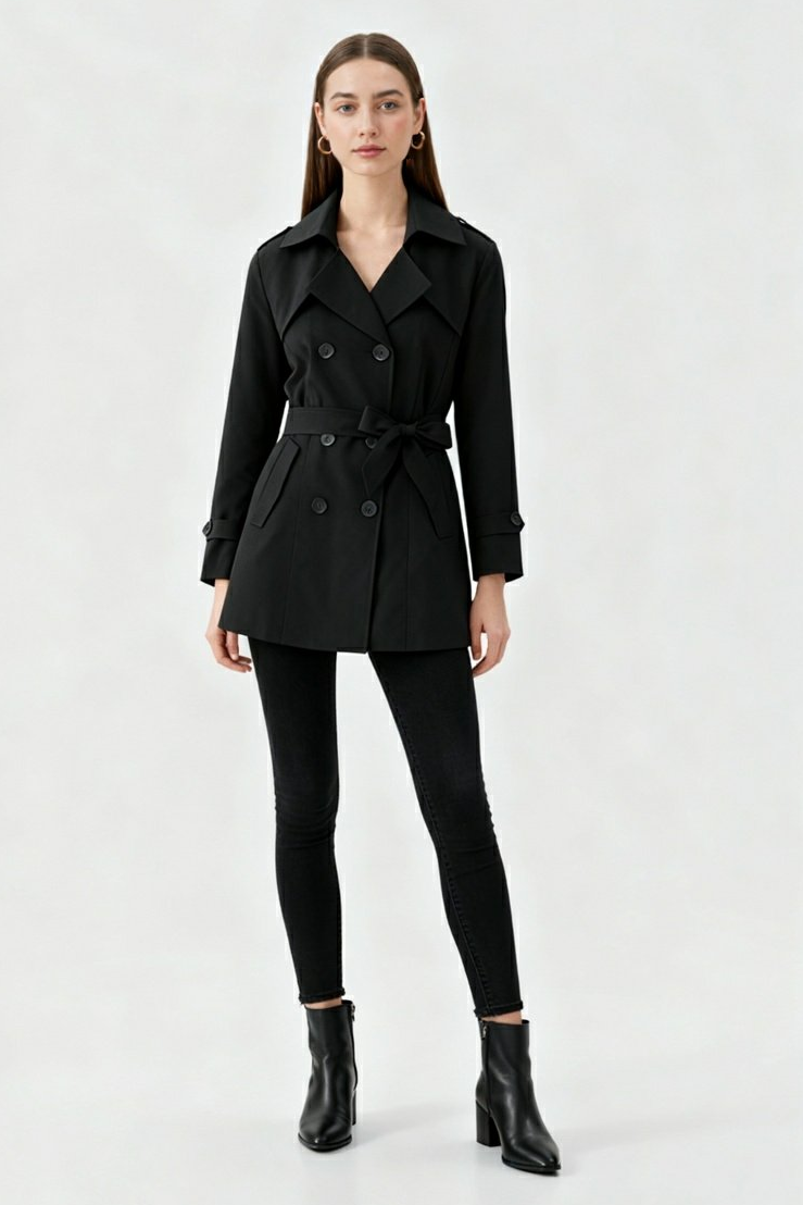 Women's Black Mid-Length Water-Resistant Double-Breasted Trench Coat