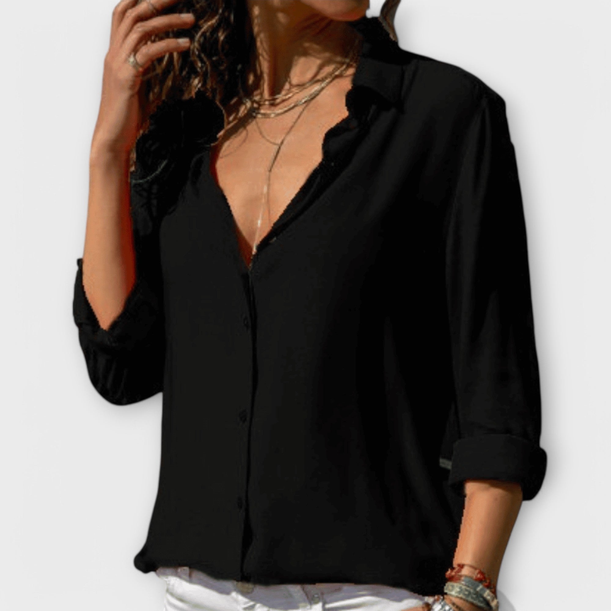 Women's Refined Button-Up Blouse Fitted Long Sleeve Classic Collar Versatile