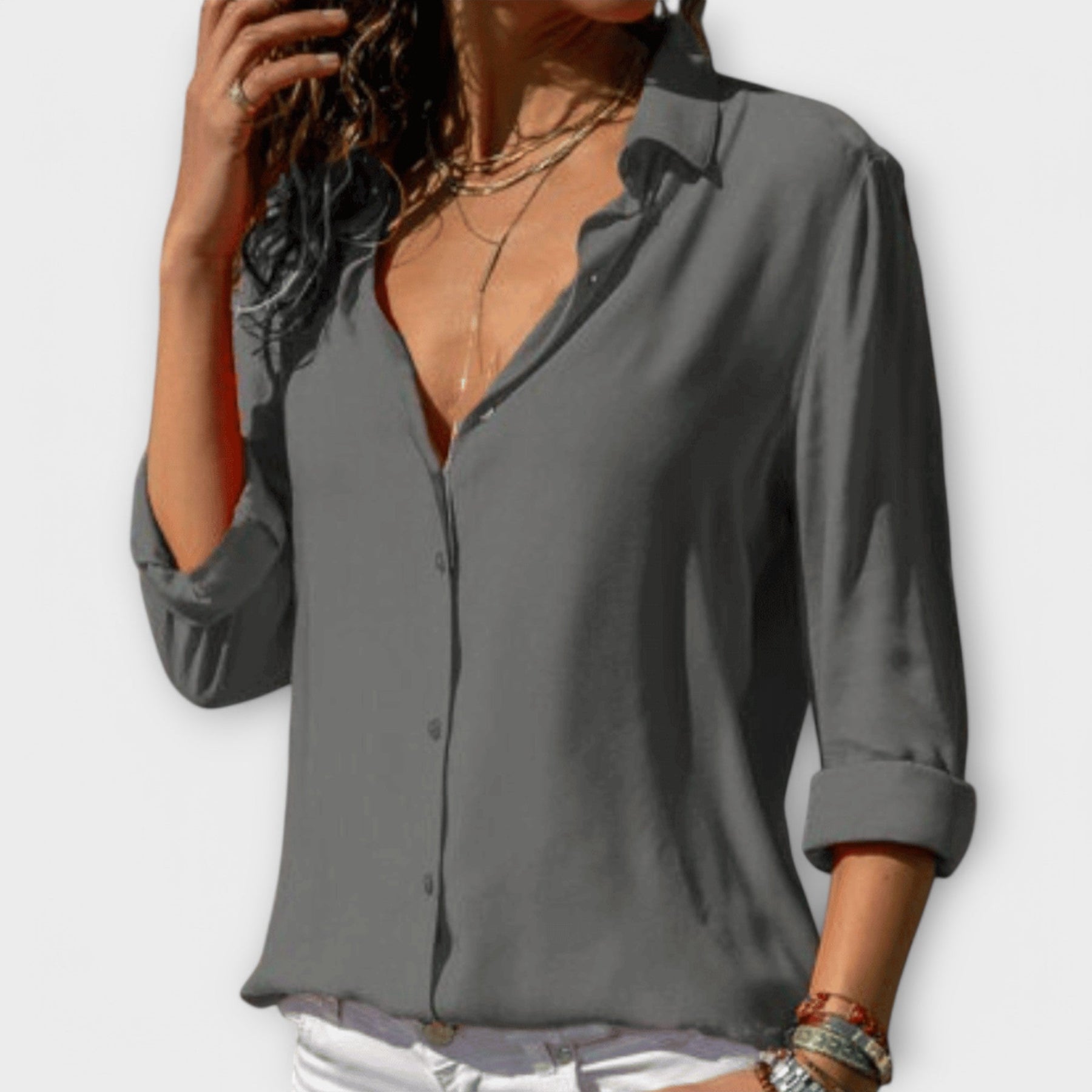 Women's Refined Button-Up Blouse Fitted Long Sleeve Classic Collar Versatile