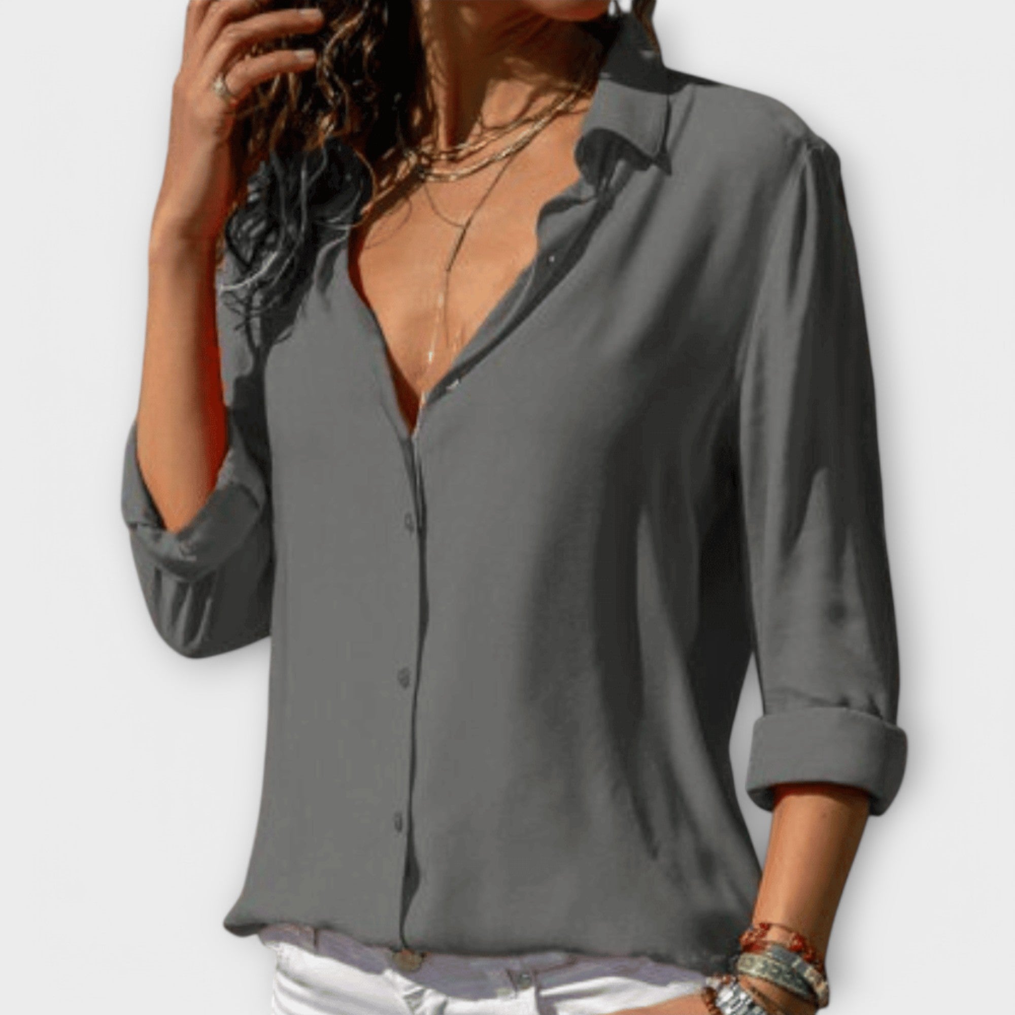 Women's Refined Button-Up Blouse Fitted Long Sleeve Classic Collar Versatile