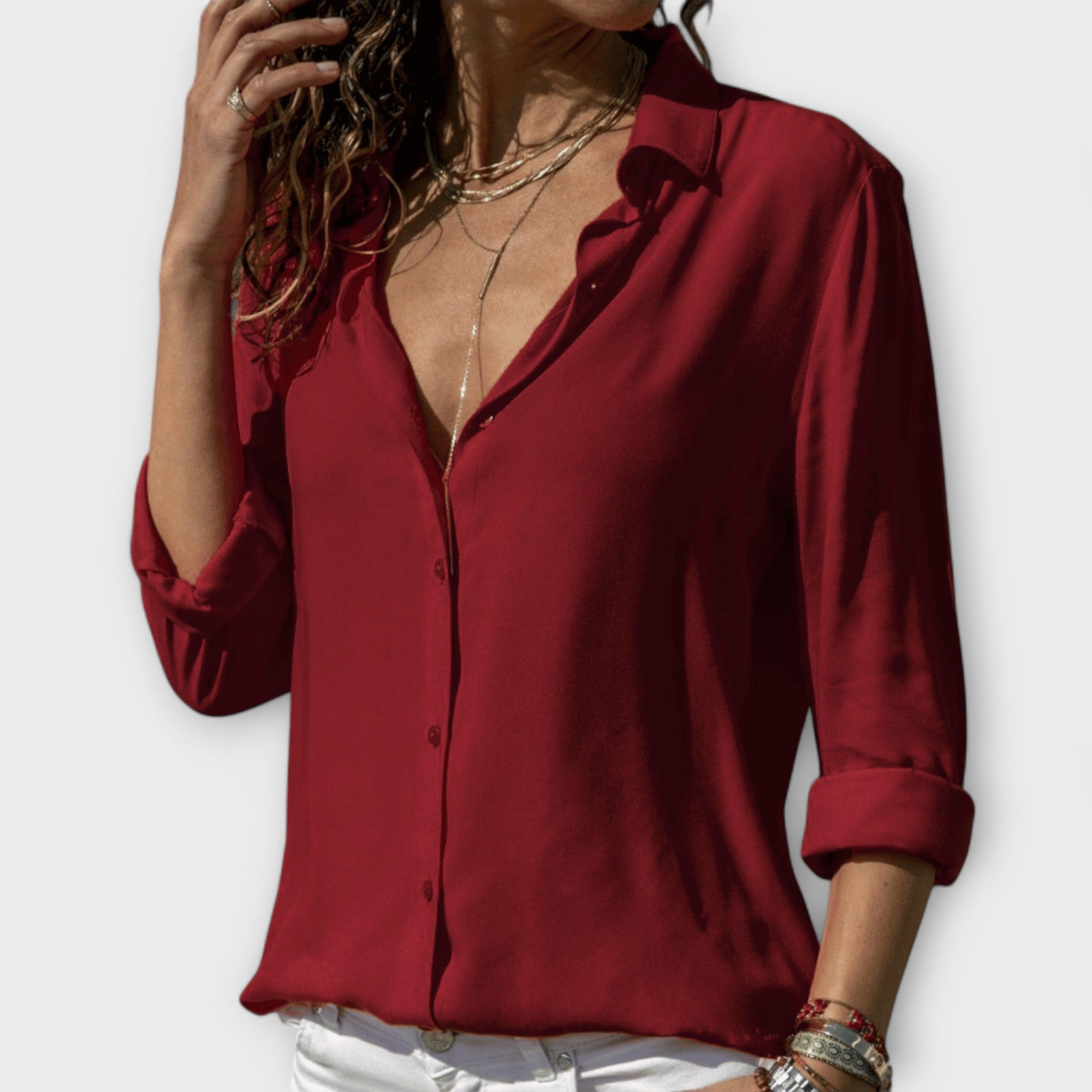 Women's Refined Button-Up Blouse Fitted Long Sleeve Classic Collar Versatile