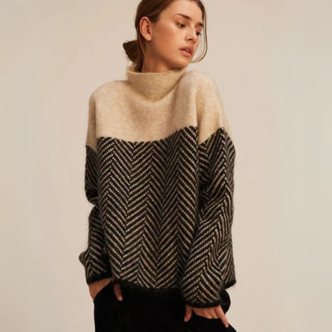 Women's Turtleneck Sweater Herringbone Pattern Fitted Long Sleeve Casual