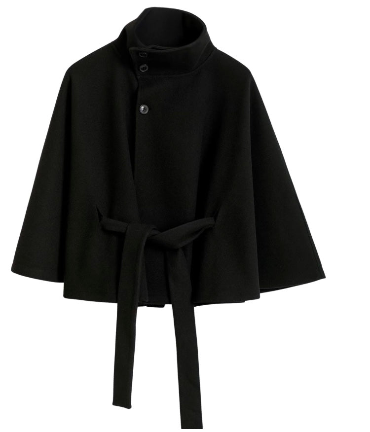 Women's Belted Cape Jacket Funnel Neck Batwing Sleeve Stylish Layering