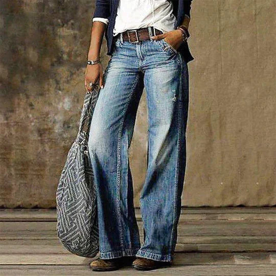 Women's Vintage High Waist Wide Leg Flare Denim Jeans Outfit for Work Casual Days Holidays and Everyday Wear