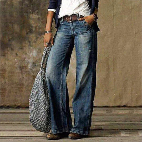 Women's Vintage High Waist Wide Leg Flare Denim Jeans Outfit for Work Casual Days Holidays and Everyday Wear