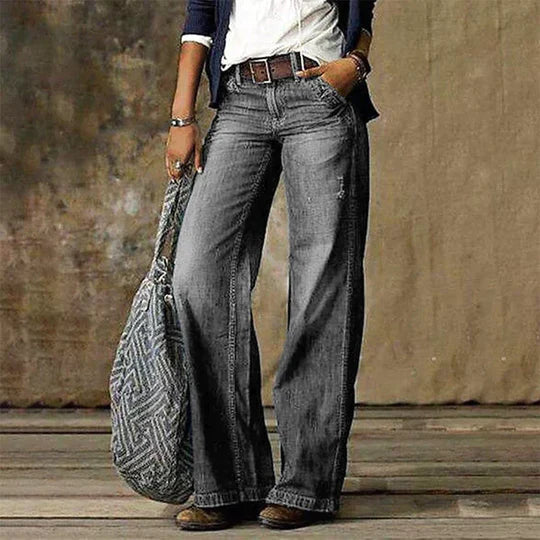 Women's Vintage High Waist Wide Leg Flare Denim Jeans Outfit for Work Casual Days Holidays and Everyday Wear