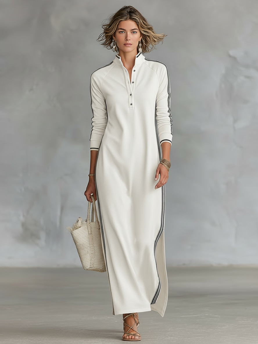 Women's Minimalist White-trimmed Maxi Dress Outfit for Summer Holidays Weddings Parties and Everyday Wear