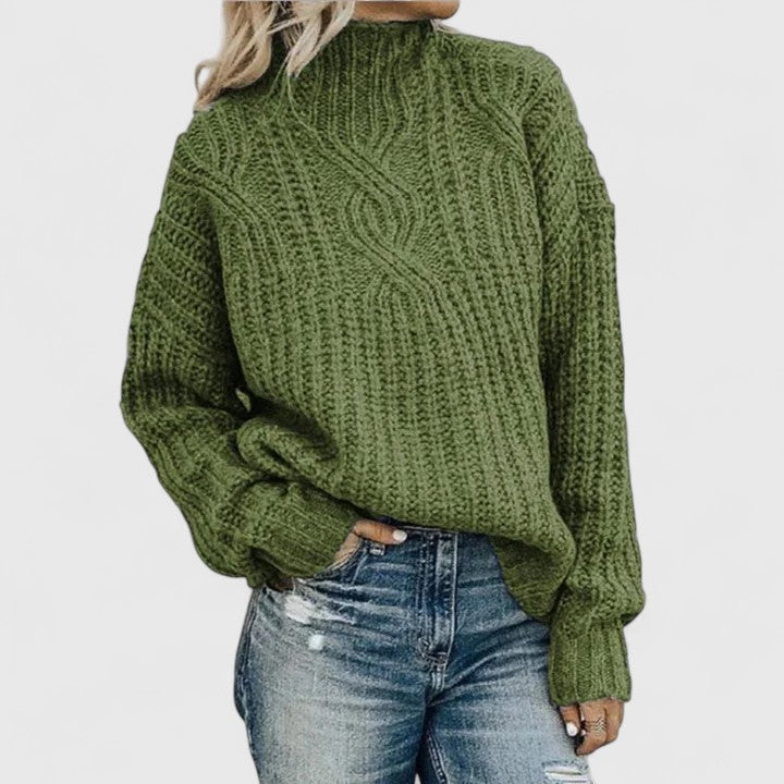 Women's Cozy Cable Knit Sweater Mock Neck Long Sleeve Casual Everyday Wear