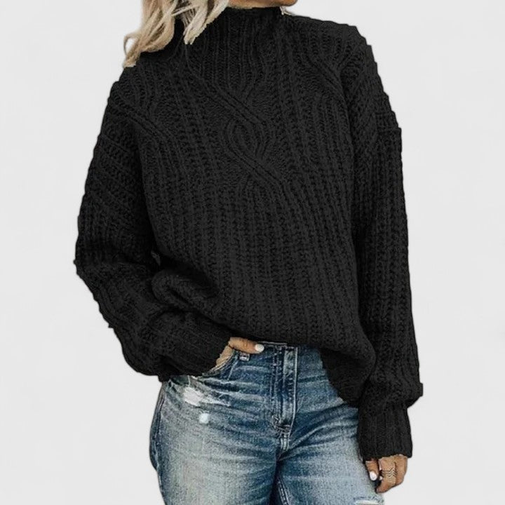 Women's Cozy Cable Knit Sweater Mock Neck Long Sleeve Casual Everyday Wear
