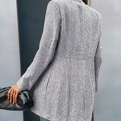 Women's Longline Blazer Herringbone Notch Lapel Tailored Fit Stylish Office