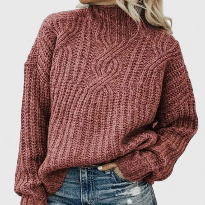 Women's Cozy Cable Knit Sweater Mock Neck Long Sleeve Casual Everyday Wear