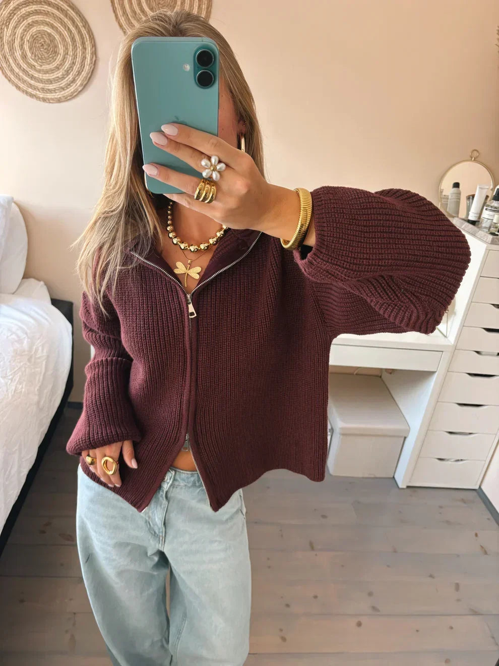 Women's Chunky Zip-Up Cardigan Long Sleeve Relaxed Fit Layering Everyday