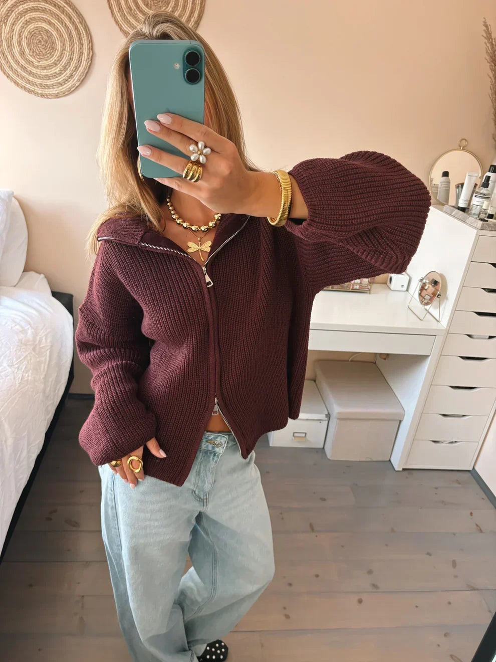 Women's Chunky Zip-Up Cardigan Long Sleeve Relaxed Fit Layering Everyday