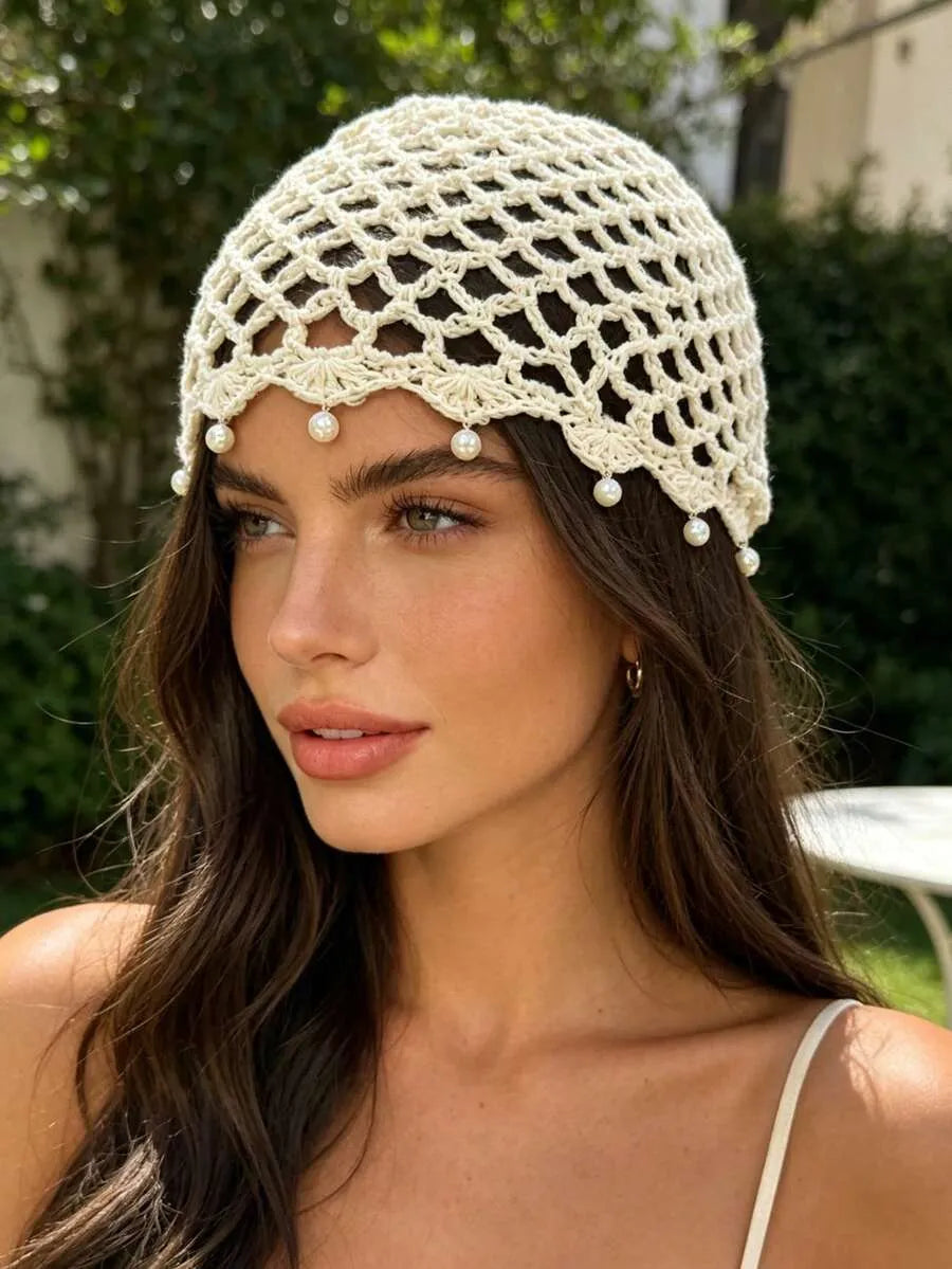 Women's Crochet Pearl Beaded Head Festival Vacation Beanie Accessory for Holidays Festivals Weddings and Everyday Wear