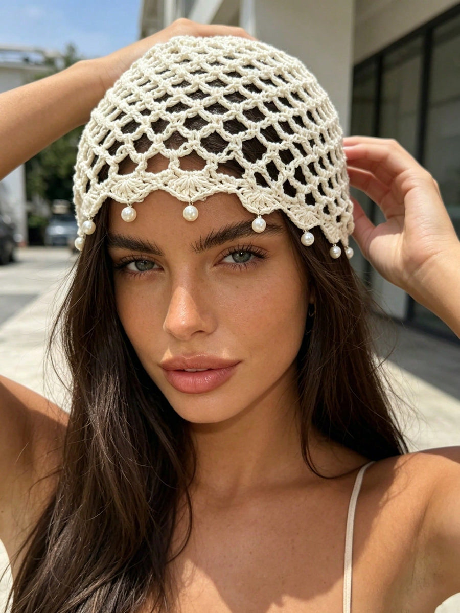 Women's Crochet Pearl Beaded Head Festival Vacation Beanie Accessory for Holidays Festivals Weddings and Everyday Wear