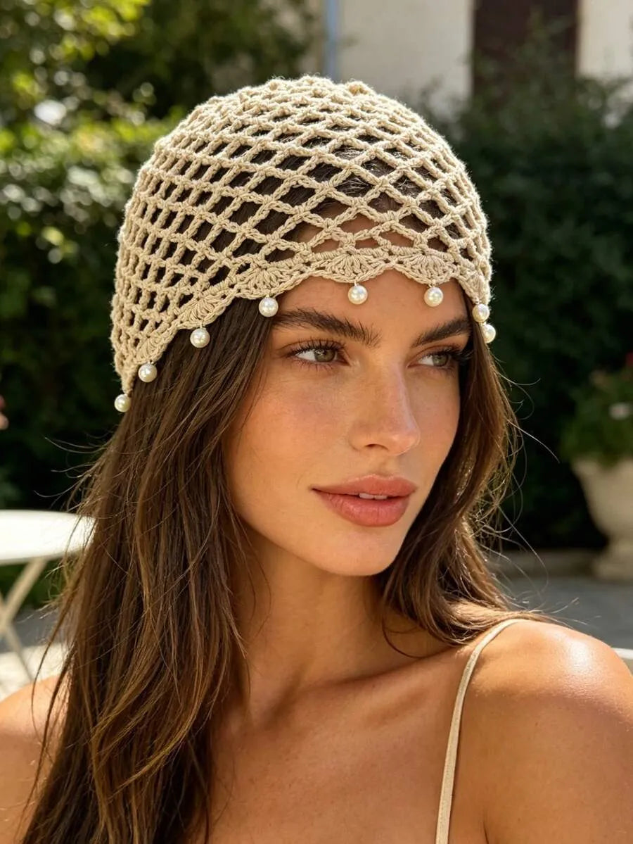 Women's Crochet Pearl Beaded Head Festival Vacation Beanie Accessory for Holidays Festivals Weddings and Everyday Wear