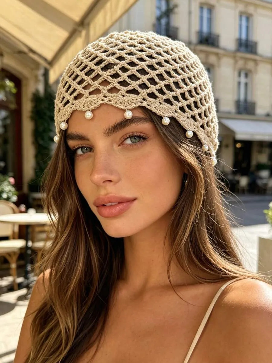 Women's Crochet Pearl Beaded Head Festival Vacation Beanie Accessory for Holidays Festivals Weddings and Everyday Wear