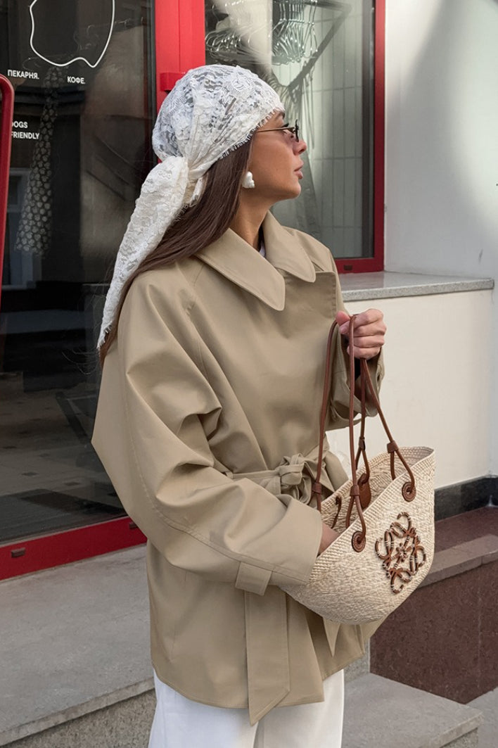 Women's Belted Trench Coat Jacket Point Collar Wrap Long Sleeve Stylish Casual