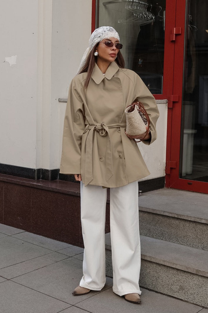 Women's Belted Trench Coat Jacket Point Collar Wrap Long Sleeve Stylish Casual