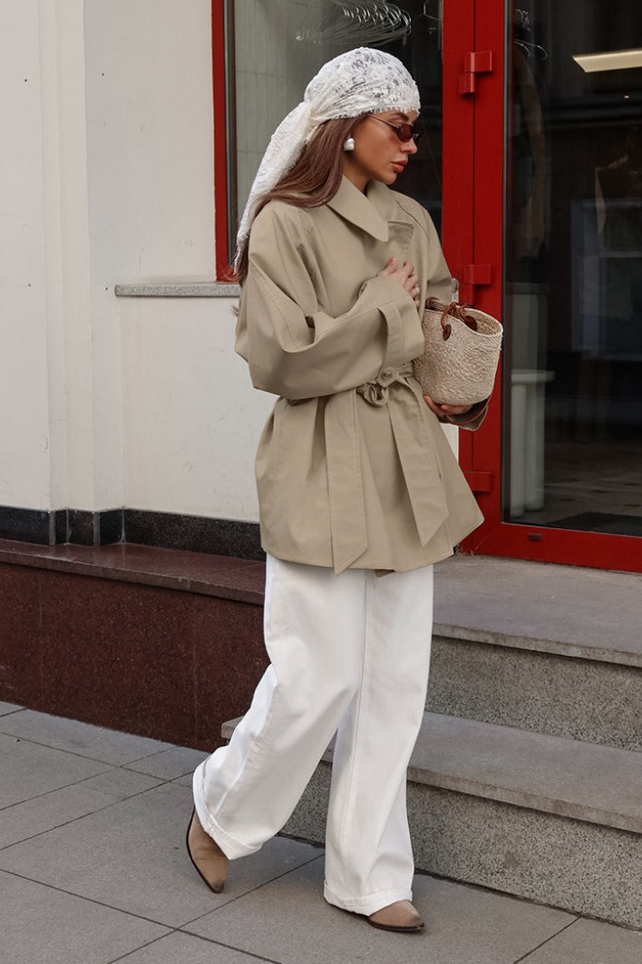 Women's Belted Trench Coat Jacket Point Collar Wrap Long Sleeve Stylish Casual