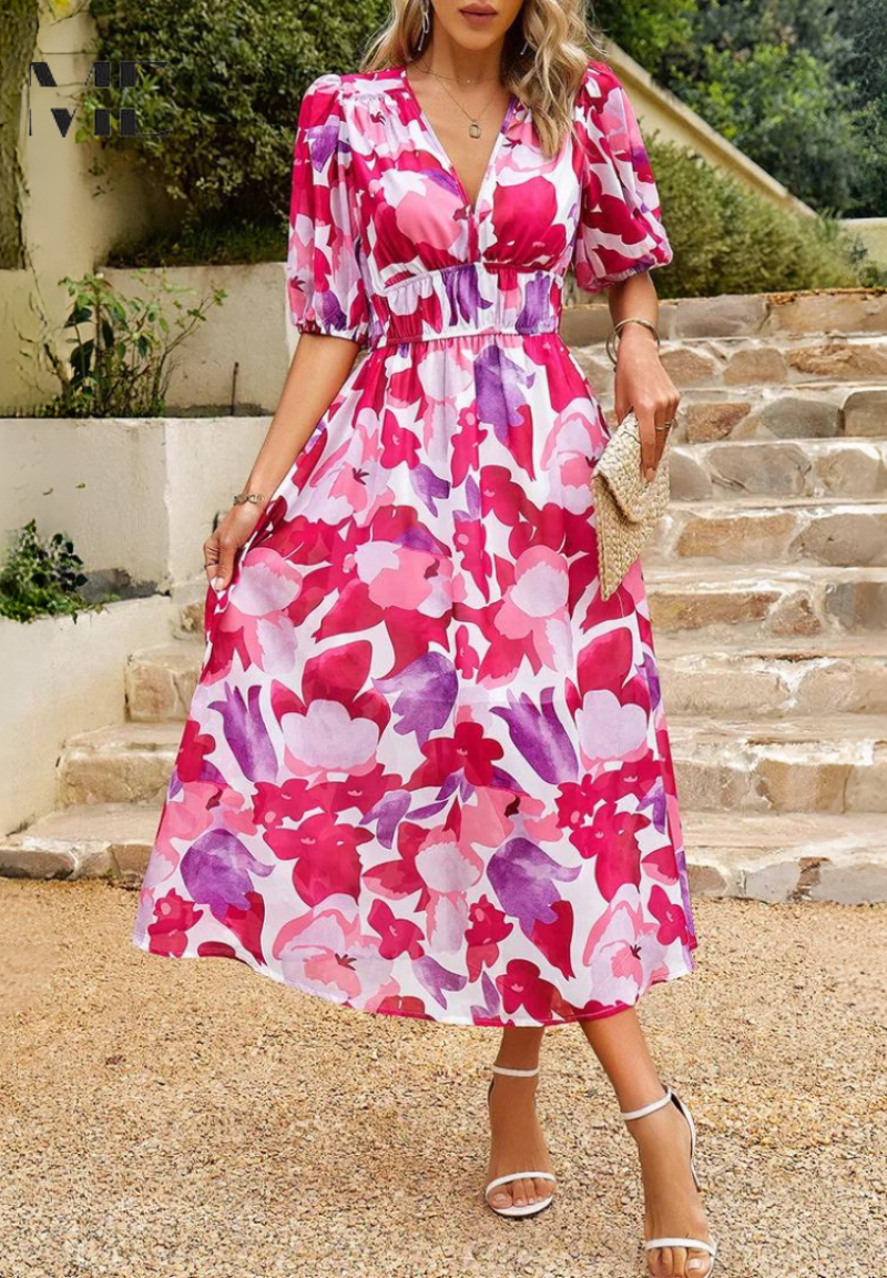 Women's Floral Midi Dress Outfit for Summer Holidays Weddings Parties and Everyday Wear