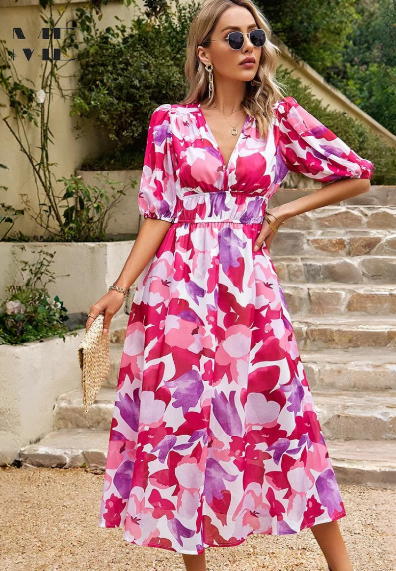 Women's Floral Midi Dress Outfit for Summer Holidays Weddings Parties and Everyday Wear