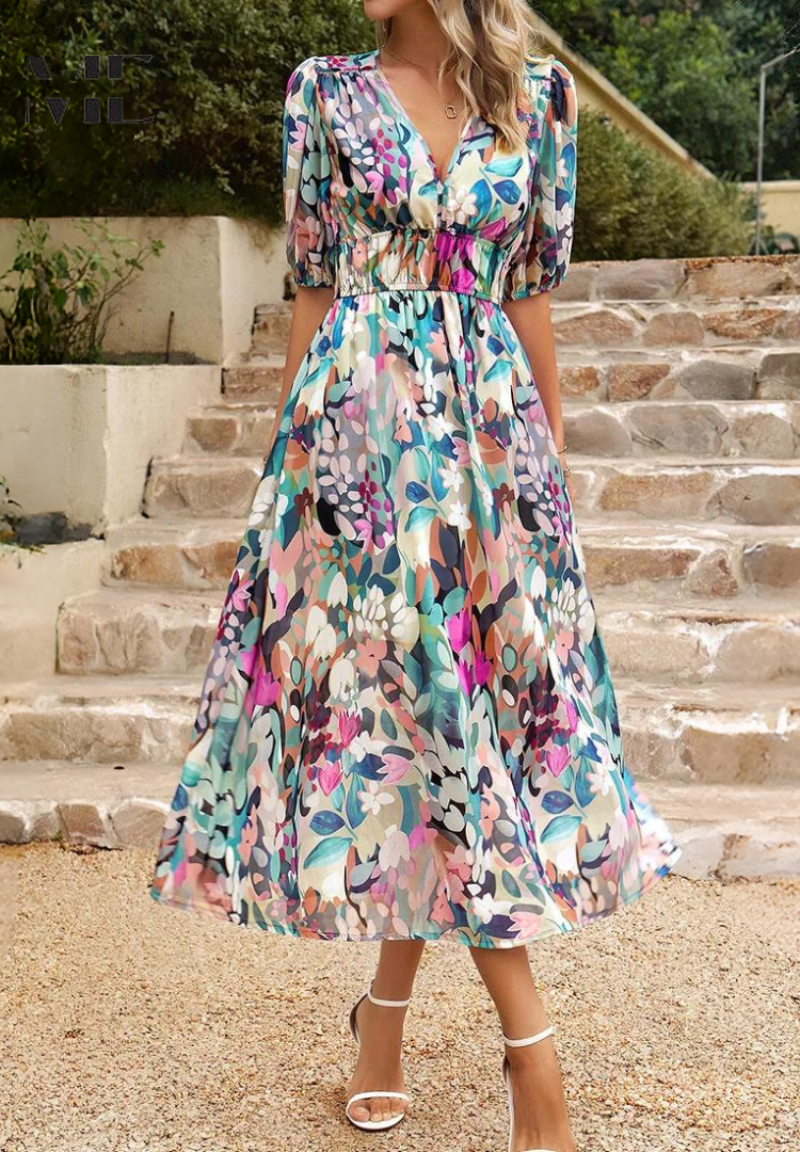 Women's Floral Midi Dress Outfit for Summer Holidays Weddings Parties and Everyday Wear