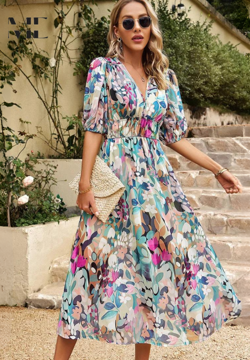 Women's Floral Midi Dress Outfit for Summer Holidays Weddings Parties and Everyday Wear