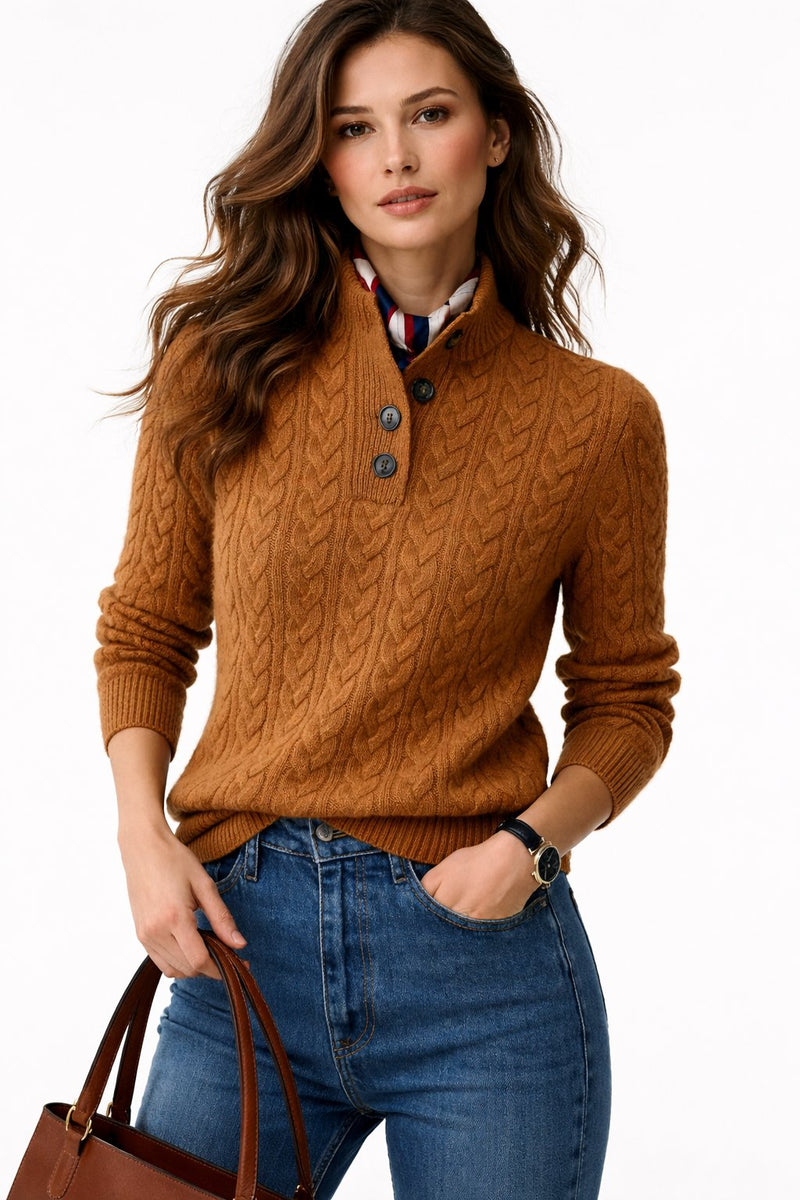 Women's Cable Knit Sweater Button Neck Long Sleeve Cozy Casual Wear