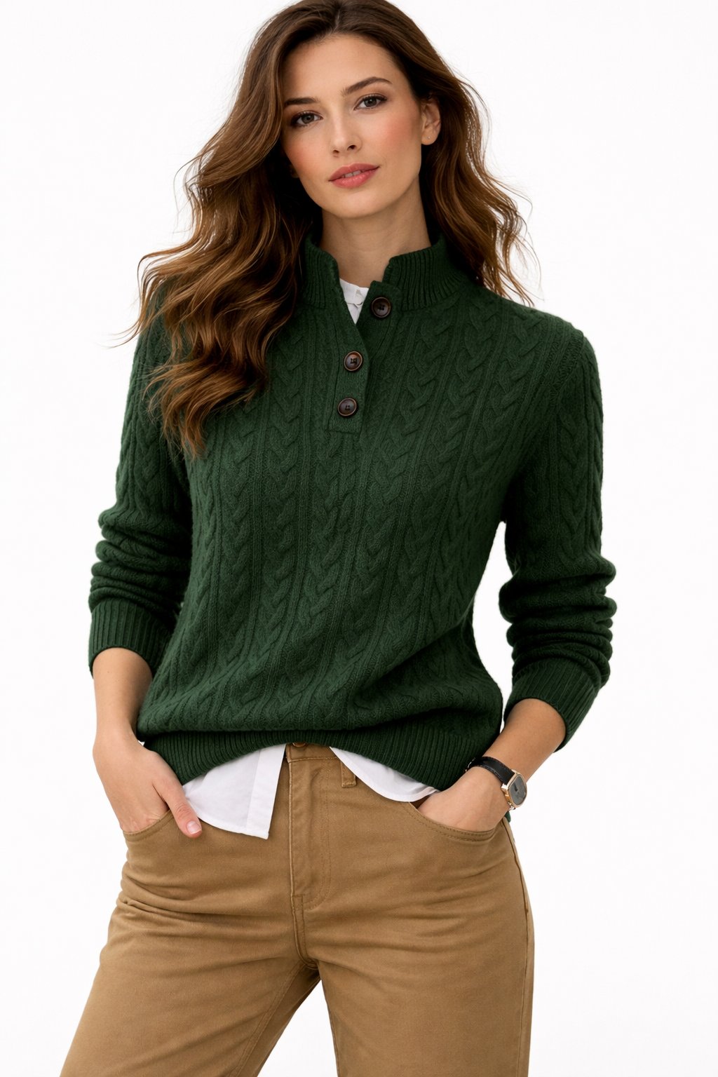 Women's Cable Knit Sweater Button Neck Long Sleeve Cozy Casual Wear