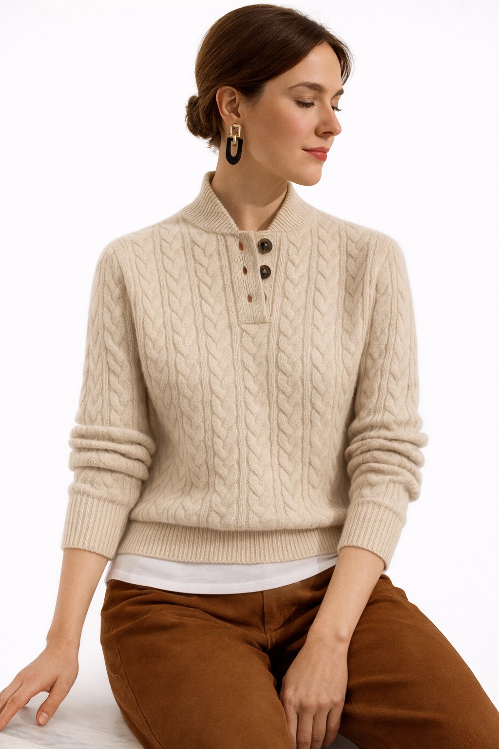 Women's Cable Knit Sweater Button Neck Long Sleeve Cozy Casual Wear