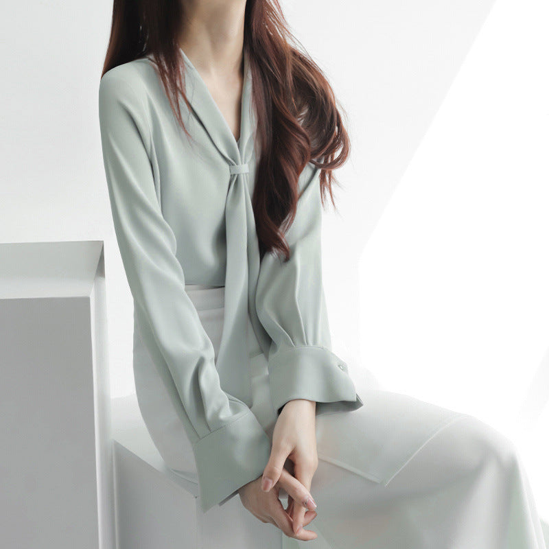 Women's Chiffon Tie-Neck Long Blouse Outfit for Work Brunch Casual Days and Everyday Wear