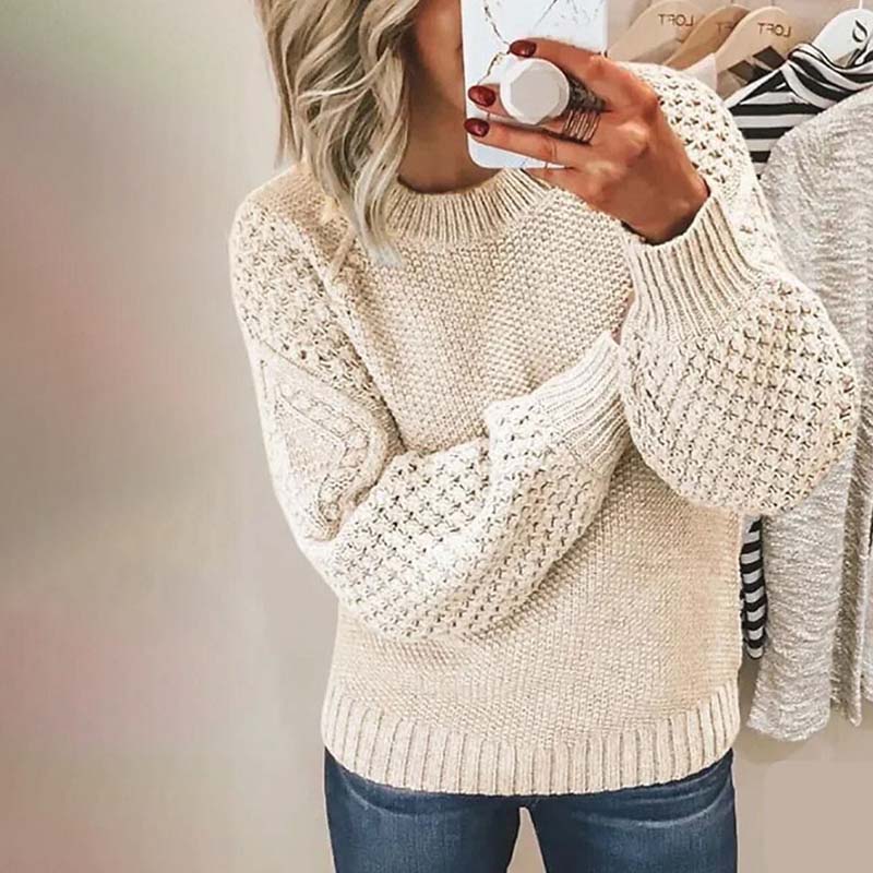 Women's Chic Crewneck Knit Sweater Relaxed Fit Long Sleeve Casual Everyday