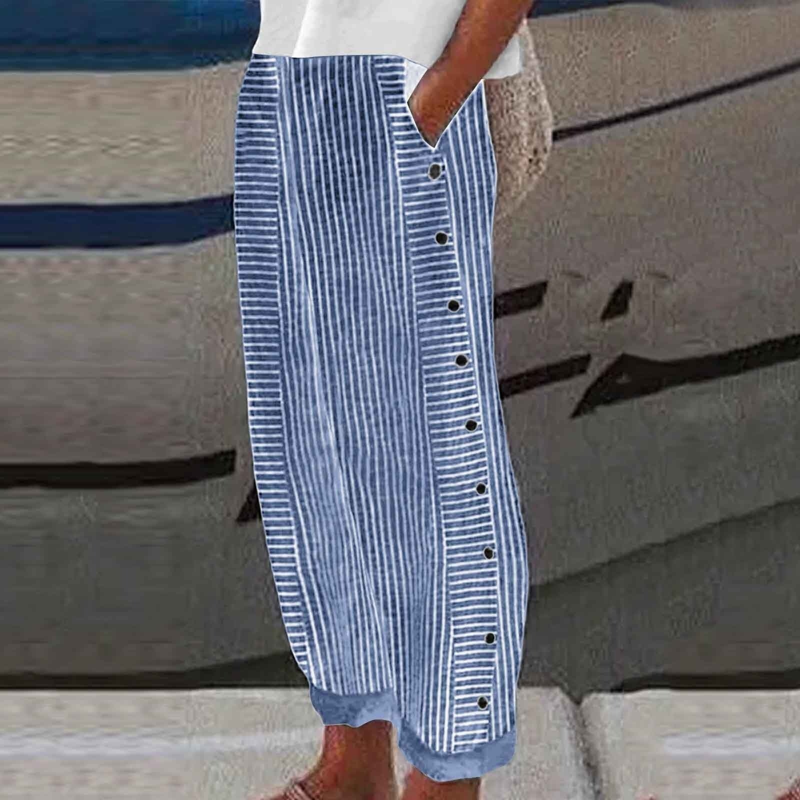Women's Relaxed Striped Button-Detail Trousers Pants Outfit for Work Casual Days Holidays and Everyday Wear