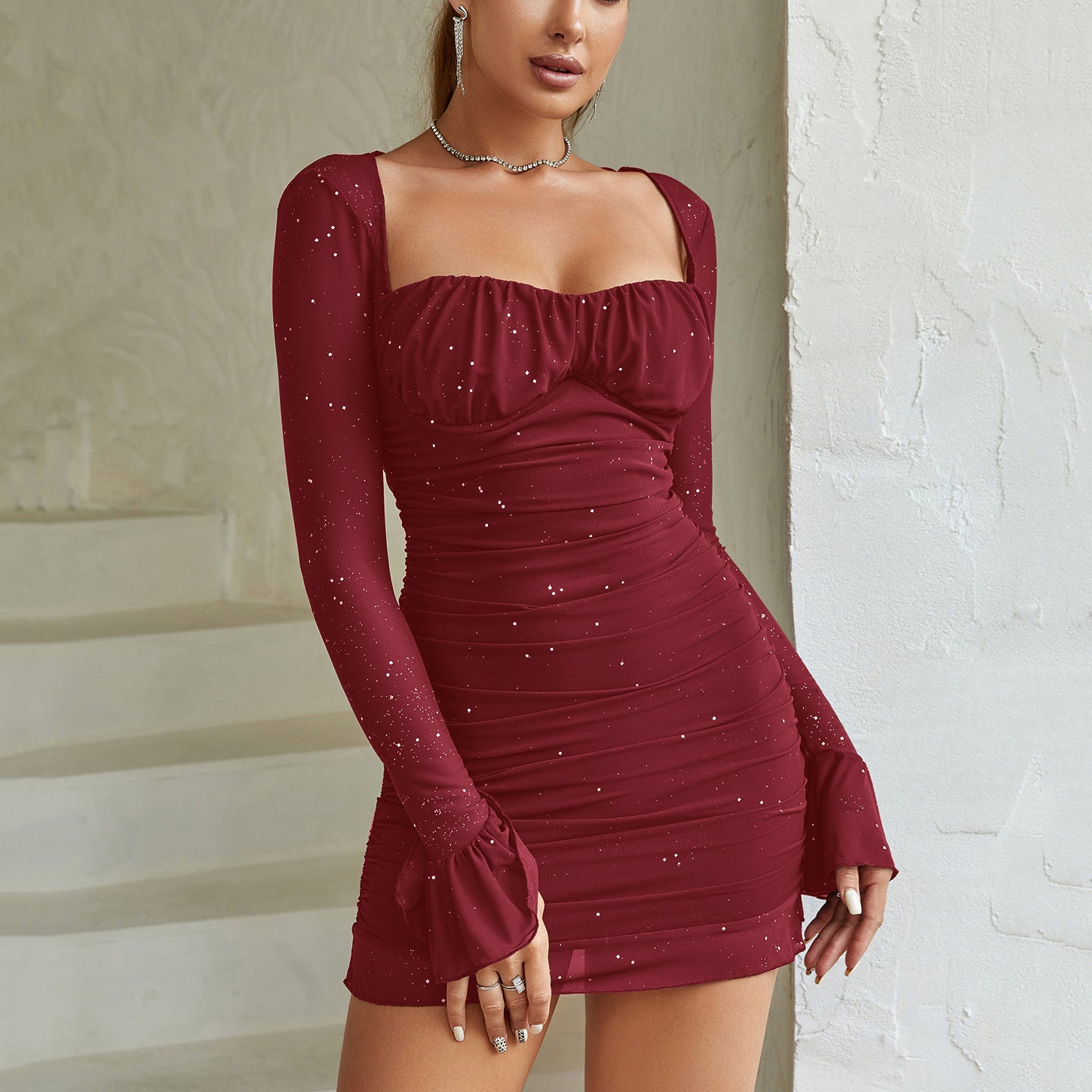 Women's Elegant Mesh Bodycon Dress Long Sleeve Fitted Midi Occasion