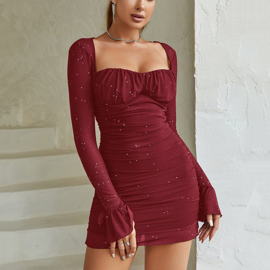 Women's Elegant Mesh Bodycon Dress Long Sleeve Fitted Midi Occasion