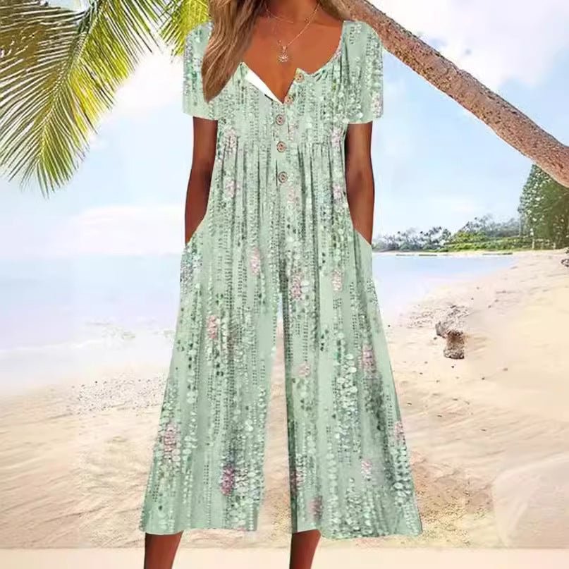 Women's Leaf Print Wide-Leg Jumpsuit Outfit for Summer Holidays Parties Brunch and Everyday Wear