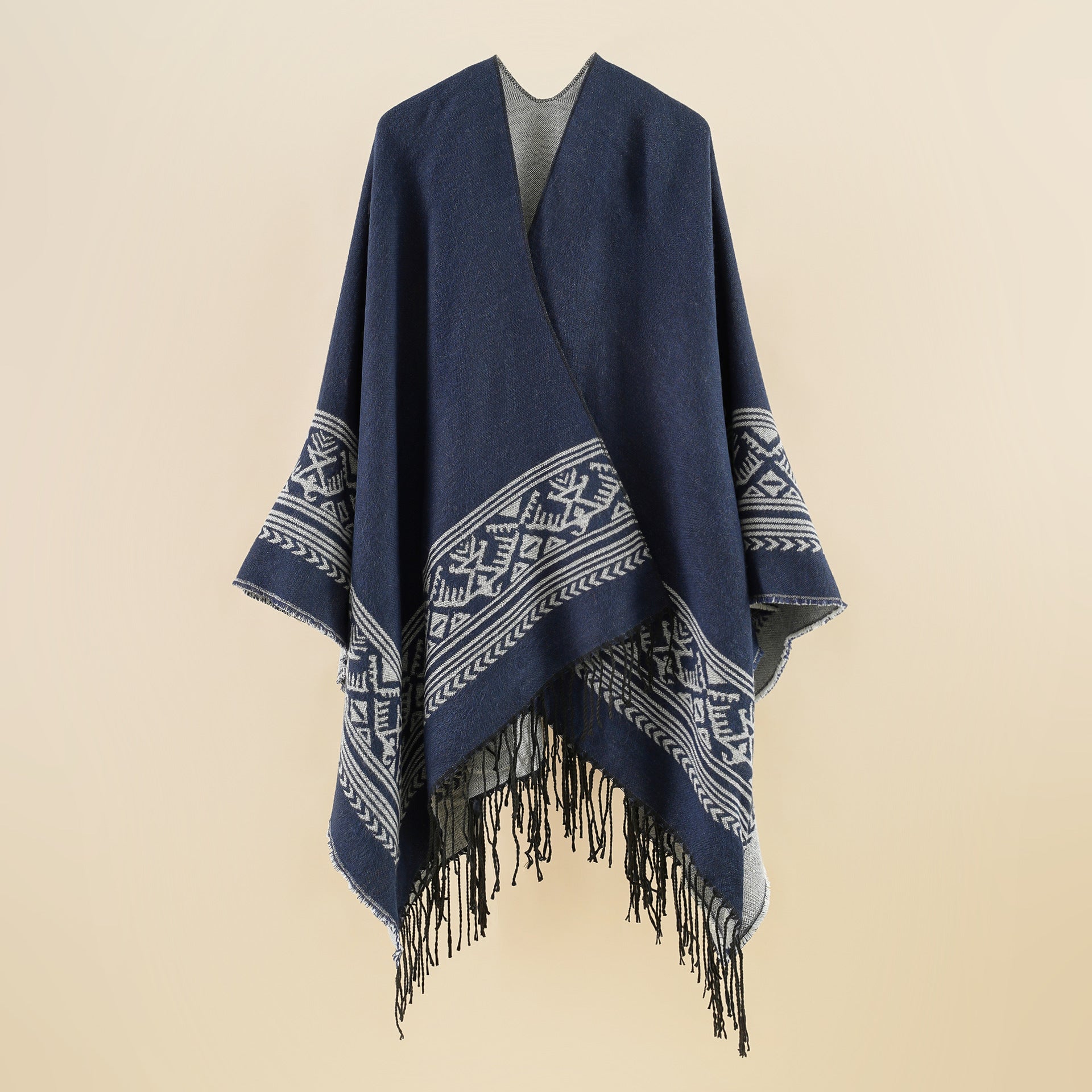 Women's Kimono-Style Wrap Coat Graphic Jacquard Design Fringed Hem Elegant Layering