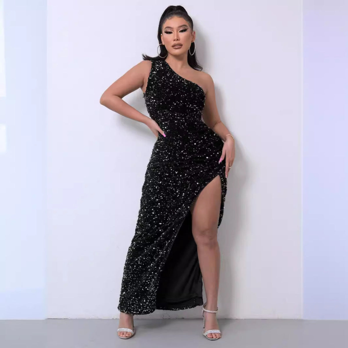 Women's Glamorous One-Shoulder Sequin Dress Fitted Midi Party Evening