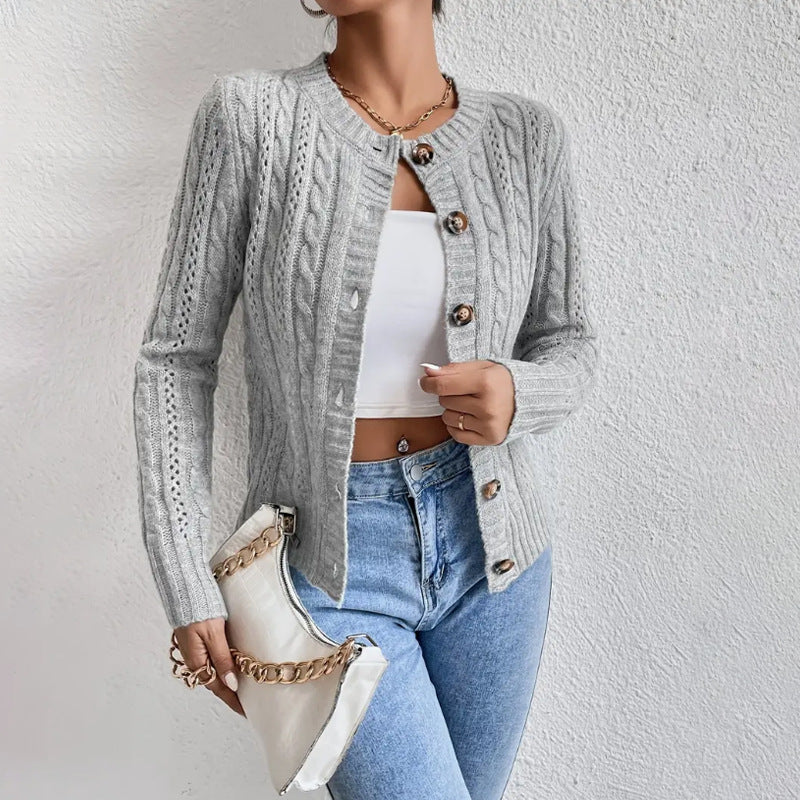 Women's Cardigan Sweater Cable Knit Design Round Neck Long Sleeve Cozy