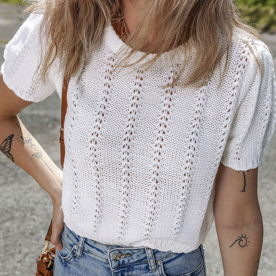 Women's Pointelle Knit Short Sleeve Top Knitwear for Autumn Winter Layering Cosy Days and Everyday Wear