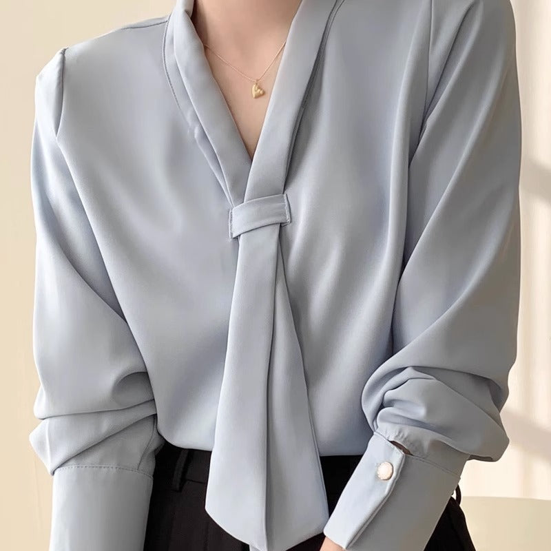 Women's Chiffon Tie-Neck Long Blouse Outfit for Work Brunch Casual Days and Everyday Wear