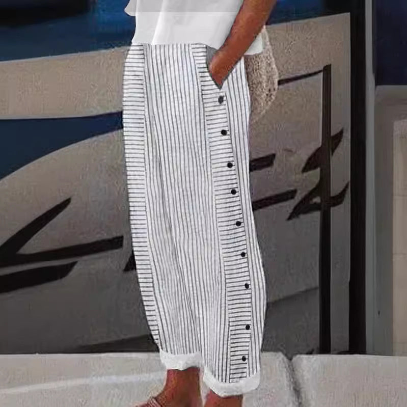 Women's Relaxed Striped Button-Detail Trousers Pants Outfit for Work Casual Days Holidays and Everyday Wear