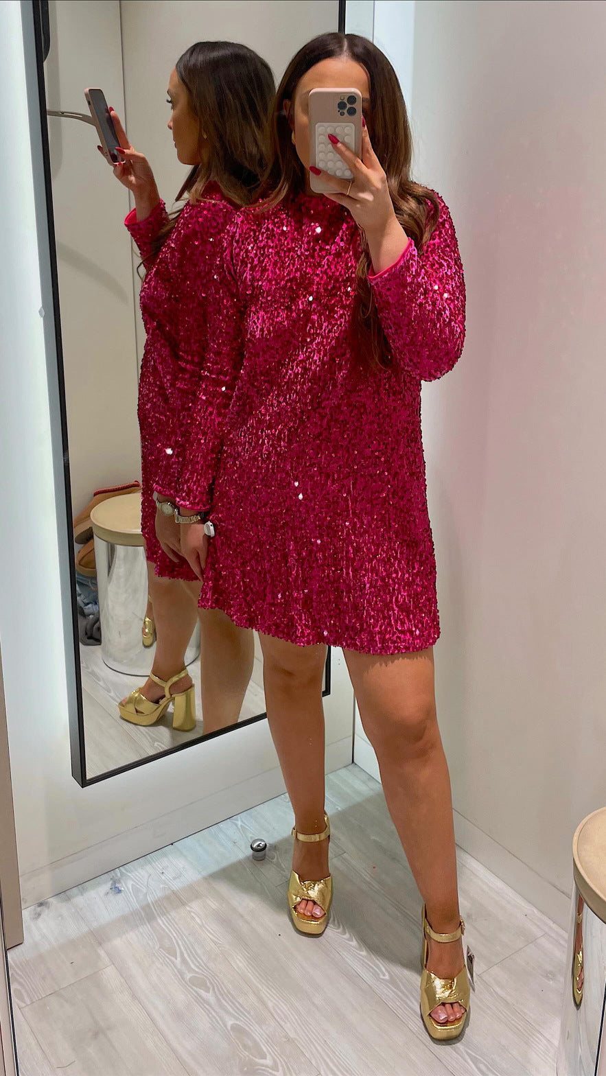 Women's Elegant Sequin Dress Long Sleeve Fitted Round Neck Midi