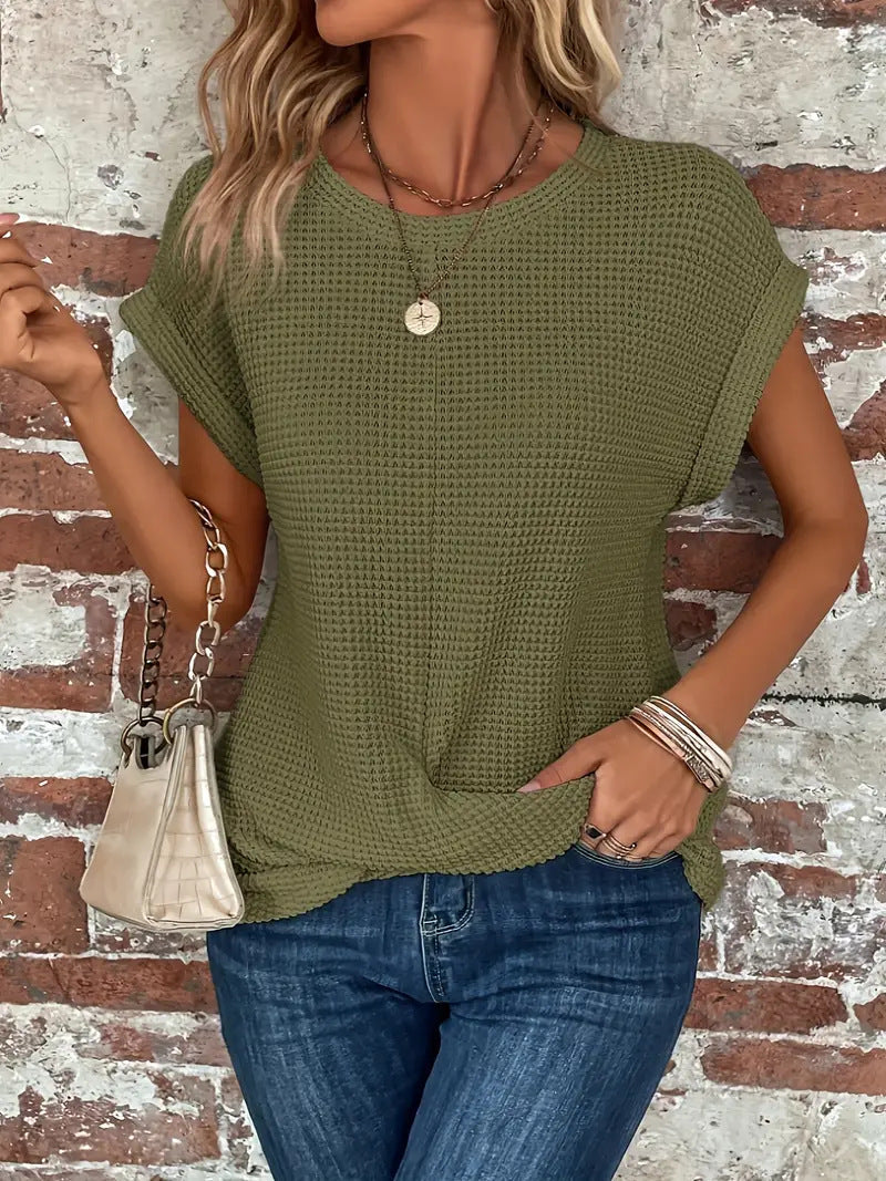 Women's Casual Waffle Knit Relaxed Fit Tee Knitwear for Autumn Winter Layering Cosy Days and Everyday Wear