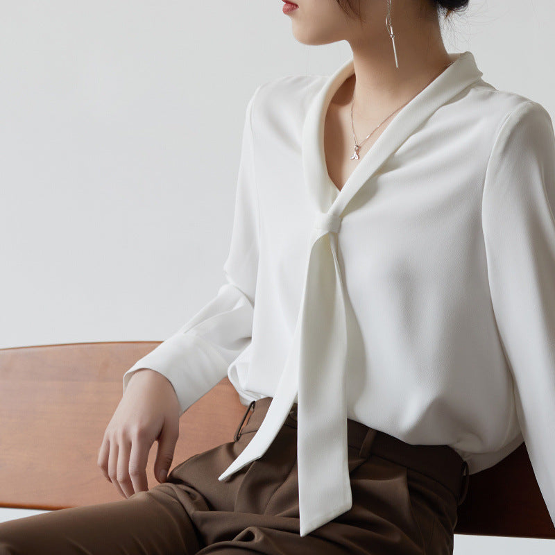 Women's Chiffon Tie-Neck Long Blouse Outfit for Work Brunch Casual Days and Everyday Wear