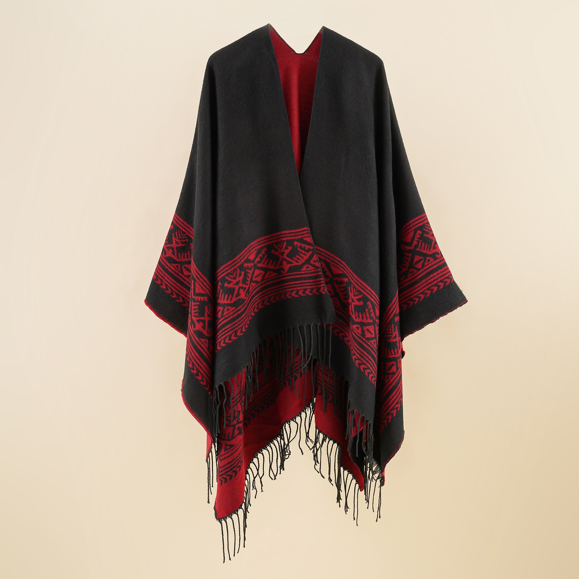 Women's Kimono-Style Wrap Coat Graphic Jacquard Design Fringed Hem Elegant Layering